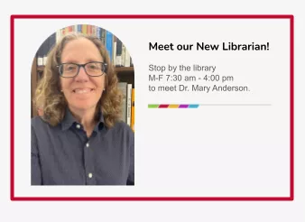 Picture of Mary Anderson with text meet our new Librarian
